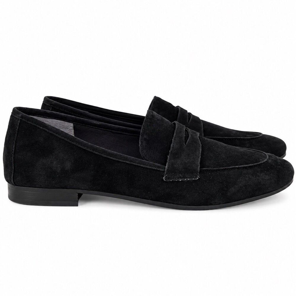 Marc Fisher Womens 9.5 Black Suede Penny Loafers Leather Slip On Flats Preppy